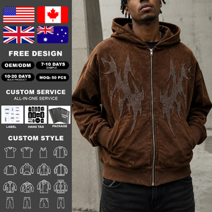 Manufacturers Custom Streetwear Y2k Men's Acid Wash Heavweight Terry Cotton Boxy Oversized Rhinestone Zip up Hoodie - Product Image 2