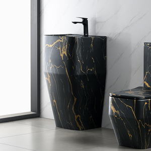 طقم مرحاض وحوض سيراميك عصري مع مرحاض مثبت على الأرض وحوض غسيل مدمج باللون الأسود الخالص والذهبي - Product Image 3