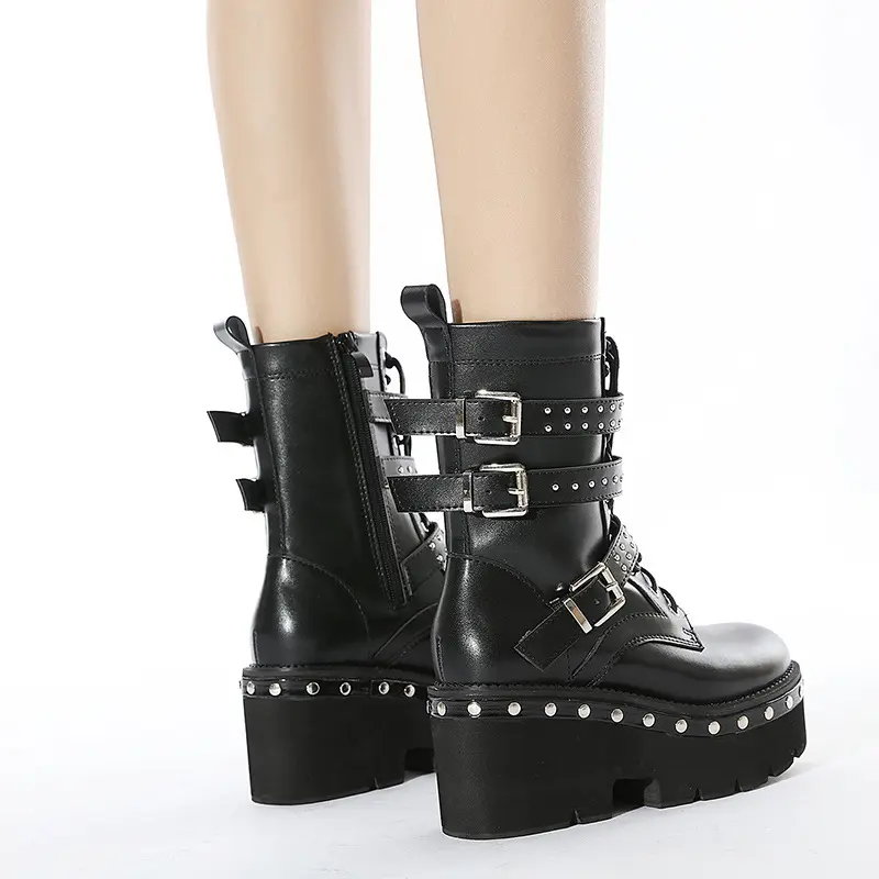 2023 Supper High Chunky Heels Punk Styles Short Boots Women Double Platform Heels Over Lace up Ankle Boots with Buckles Studs