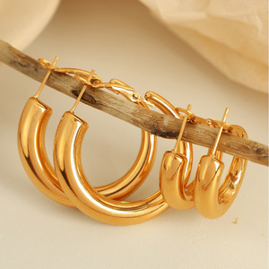 Pendientes de Aro Chapados en Oro de Acero de Titanio para Mujer, Estilo Geométrico Redondo para Uso Diario EH712 - Product Image 3