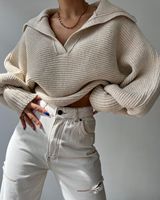 Pull chaud pour femme, personnalisé, nouvelle collection automne-hiver, beige, col en V, 100% polyester, côtelé, grande taille, ample, manches longues