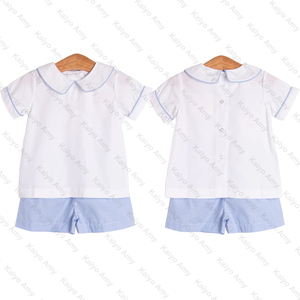 Dulce conjunto de niño pequeño tejido color sólido cuello Peter Pan Top y pantalones cortos conjuntos de dos piezas bordado conjunto corto - Product Image 1