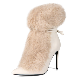 Women Stiletto Thin Heels Furry Short Boots Big Size 47 Back Lace up <b>Shoes</b> Dress Wide Fit Fluffy Fur Ankle Booties - Product Image 1