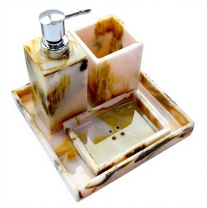 Ensemble de salle de bain élégant en marbre, trois pièces, distributeur de savon rectangulaire, porte-brosse à dents, plateau facile à nettoyer - Product Image 1