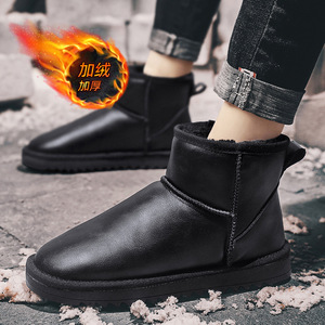 Botas de nieve de cuero genuino, color negro y gris, tacón bajo, tacón plano, impermeables, forradas de lana, zapatos de invierno sin cordones, tallas 36 a 47 - Product Image 1