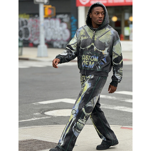 Ensemble de sweat-shirts pour hommes à fermeture éclair, 2 pièces, imprimé numérique streetwear, motif crâne, impression personnalisée OEM, poids lourd 400 GSM - Product Image 3
