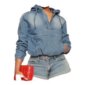 Women's Loose Fit Breathable Windproof Washed Casual Autumn Long-Sleeve Pocket Hooded <b>Denim</b> <b>Coat</b> Jacket Fashion High Quality - Product Image 1