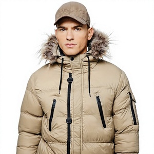 Men's Hooded Puffer Jacket Winter Casual Windproof Zipper Closure <b>Fur</b> Trim Down Filled Long Length Beige Color - Product Image 4