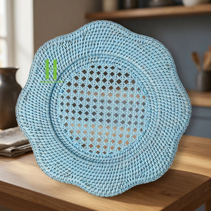 BEST SELLER Elegant Boho <b>Blue</b> Rattan Charger Plates Handmade Floral <b>Placemat</b> And Scalloped Table Decoration OEM From Vietnam - Product Image 1