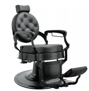 Sillón de Barbería de Estilo Antiguo en Cuero Negro y Dorado con Botones, Base Redonda con Bomba Hidráulica, Silla de Peluquería en Venta - Product Image 1