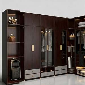 BALOM Dressing d'angle en L moderne de luxe sur mesure avec finition en bois foncé, portes en verre, quincaillerie dorée et design de rangement ouvert - Product Image 3