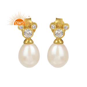 Fresh Water Pearl CZ Stud Earrings Indian Gemstone Jewelry Wholesale 14k gold plated 925 Silver Earrings - Product Image 1