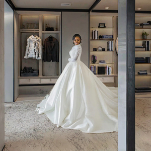 Mumuleo Floor-Length <b>Plus</b> <b>Size</b> Natural Waistline High Neck <b>Long</b> <b>Sleeve</b> Lace <b>Wedding</b> <b>Dress</b> with Sweep Train - Product Image 3