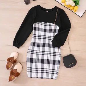 2024 Spring Autumn Girls Long Sleeve Short Top+Plaid Slip Dress 2 Pieces Suit Baby Clothes Girls Fashion Casual Suit