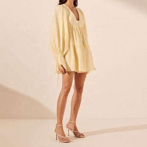 Nuevo Diseño de Vestido de Lino para Mujer, Elegante, con Cordón Ajustable, Manga Larga, de Algodón y Lino, Casual, Plisado, Mini, Corte en A - Product Image 3