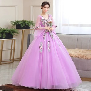 Purple Chiffon Ball Gown Scoop Neck Empire Waist Floral Print Long Evening Dress For Women - Product Image 3