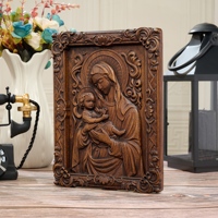 Plaque murale en bois Madonna et Enfant, relief sculpté à la main de la Vierge Marie, accent doré, décoration d'icône catholique, vente en gros