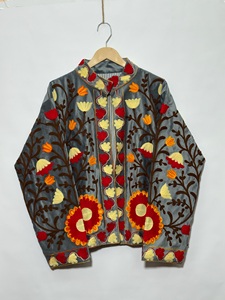 Blouson en velours pour femme, col mandarin, broderie florale à la main, manches longues, fermeture éclair, automne - Product Image 1