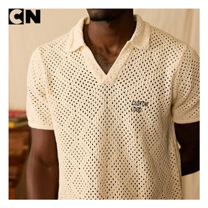 Suéter con Certificación BSCI, Fabricante de Suéteres, Logotipo Personalizado, Suéter de Punto de Manga Corta 100% Algodón para Hombre, Polo de Crochet Calado - Product Image 4