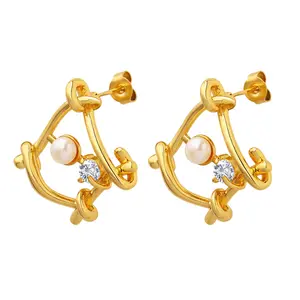 MARONEW luxury vintage stainless steel 18k gold plated zircon zirconia diamond pearl studs earring jewels