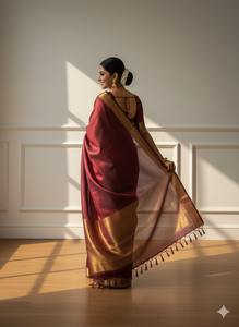 Sari en soie Katan pur de couleur marron, de qualité supérieure et élégant pour femmes, avec un design traditionnel tissé à la main et une finition luxueuse, en provenance d'Inde - Product Image 2