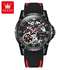 OLEVS 9918 OEM时尚男士自动自风骨架机械红色黑色橡胶表带时尚Tonneau镂空男士手表