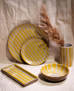 Tribal Culture Handmade High-Fired Stoneware Ceramic <b>Yellow</b> Stripe Side Plate Crackle Finish Oven <b>Microwave</b> Safe Durable Elegant - Product Image 1
