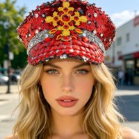 Chapeau de capitaine en peluche personnalisé rouge et or avec sequins et strass rubis, 3 MOQ, pour festival, plage, fête, unisexe, luxe, style Burning Man, vente en gros