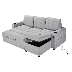 Sofá <span class=keywords><strong>Cama</strong></span> Extraíble <span class=keywords><strong>con</strong></span> <span class=keywords><strong>Chaise</strong></span> de Almacenamiento Sofá <span class=keywords><strong>Cama</strong></span> Multifuncional <span class=keywords><strong>con</strong></span> Puertos de Carga USB y Portavasos - Product Image 1