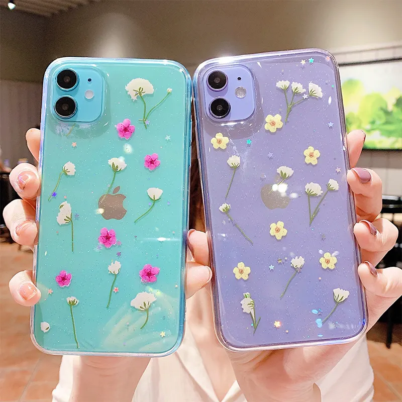 Pour iPhone 15 étui Transparent petites fleurs fraîches étui de téléphone pour iPhone 14 15 pro Max coque souple Simple paillettes étoiles étui