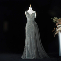 Robe sirène asymétrique Jancember LSZ103 rose poudré à une épaule avec perles et pompons, et surjupe