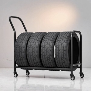 Portable Red Metal Tire Rack With Wheels For <b>Car</b> Storage Horizontal Industrial Design Powder Coated Finish - Product Image 3