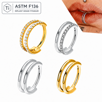 Vente en gros Titane ASTM F136 16G Double anneau à fermoir articulé avec zircone cubique plaqué or, tendance mariage, pour nez, septum, daith, hélix, tragus