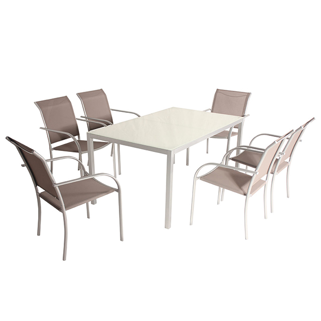 7PCS Outdoor Sling Stack Chair and Glass Table Dining Set