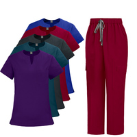 Tenue d'infirmière pour femme, bordeaux, col rond, tissu sergé, multi-poches, infroissable, mélange haute teneur en élasthanne/polyester, pour hôpital