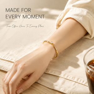 Brazalete abierto irregular chapado en oro amarillo claro, resistente al deslustre, con diseño de pera y engaste de garra retorcido, para mujer, boda, estilo moderno - Product Image 5
