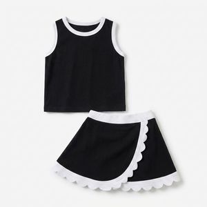 Set gonna corta estiva in spandex tinta unita personalizzabile con logo stampato, stile coreano, senza maniche, con orlo smerlato, per ragazze - Product Image 3