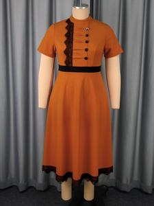 Abito Casual <span class=keywords><strong>da</strong></span> Donna Vintage a Contrasto Colore, Maniche Corte, Patchwork in Pizzo, Marrone, Linea ad A, Taglie Forti, Lunghezza <span class=keywords><strong>Midi</strong></span>, Formale per Chiesa - Product Image 4