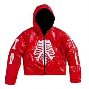 Chaqueta acolchada informal con capucha roja para hombre, impermeable, cortavientos, con cuello alto, estampado de esqueleto, logotipo frontal, ropa de abrigo de invierno - Product Image 1