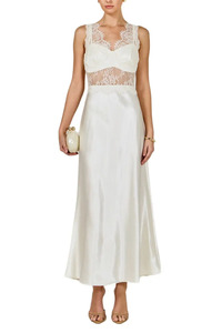 Women‘s Elegant <b>White</b> Satin <b>Maxi</b> Dress With Lace Bodice Sweetheart Neckline Strapless Sheath Formal Gown Party Dress - Product Image 1