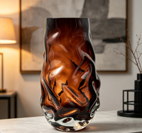 Vase en verre ambré dégradé ondulé soufflé à la main RYLAVA, vase à fleurs en verre texturé irrégulier pour la décoration de la maison, ornement de table