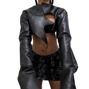 Fashion Street Wear PU Leather Irregular Cut Cropped Coats Custom Logo Open Stitch Bomber <strong>Jacket</strong> Womens - Product Image 1