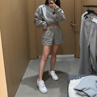 Spot Spring Summer New Casual Solid Cotton Terry 2 Piece Crewneck Long Sleeve Sweat Drawstring Shorts Set Women