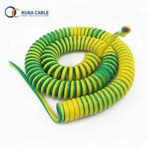 Cable de resorte de alambre verde-amarillo con terminal, cable espiral