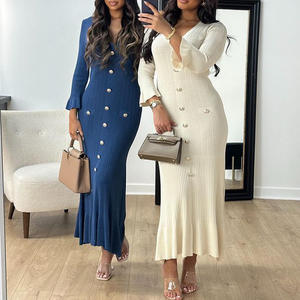 Nuovo <span class=keywords><strong>Abito</strong></span> Lungo Elegante Autunnale <span class=keywords><strong>in</strong></span> <span class=keywords><strong>Maglia</strong></span> con Scollo a V, Maniche Lunghe e <span class=keywords><strong>Bottoni</strong></span>, Aderente, Tinta Unita per Donna - Product Image 3