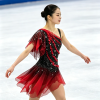 Robe de patinage artistique noire et rouge à volants asymétriques avec strass pour filles et femmes adultes