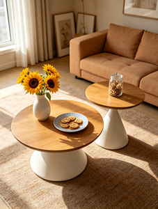 Round Wood Coffee <b>Table</b> with White Base Modern Minimalist Living Room Furniture <b>Nesting</b> Design for Home Use - Product Image 1