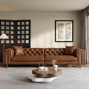 Sofá de Cuero Color Caramelo Estilo Retro Francés, Diseño Recto con Mechones, Muebles para Sala de Estar - Product Image 2