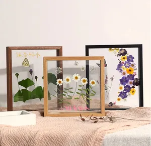 Expositor de mesa de vidro transparente para exibição de folhas botânicas, moldura quadrada de madeira MDF, imagem de corte em papel dupla face