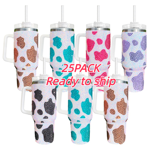 25PACK Super Sparkly Rhinestone Bling studded Milk <strong>Cowprint</strong> 40oz Double Wall Stainless Steel Tumbler With Handle Lid and Straw - Product Image 1